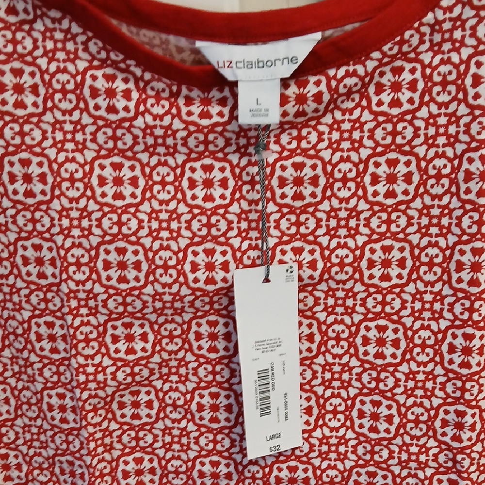 Liz Claiborne Red Patterned Top SZ L Boat Neckline  Never worn.
